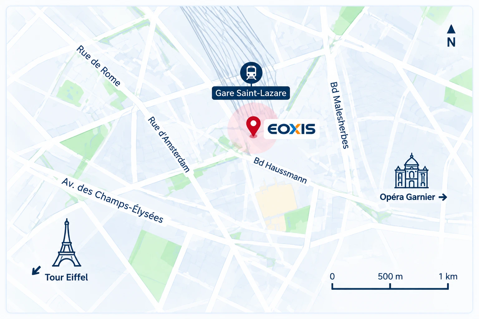 Plan du 8e arrondissement de Paris : les bureaux EOXIS, 1 Cour du Havre, 75008 Paris, France, entre la gare Saint-Lazare au nord et le boulevard Haussmann au sud.